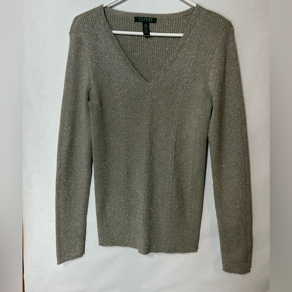 Ralph Lauren Sweaters - Ralph Lauren Women’s Long Sleeve Shimmering Gray/Silver V-Neck Sweater